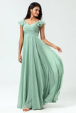 A Line Lace-Up Back Chiffon Green Bridesmaid Dress with Ruffles