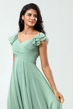 A Line Lace-Up Back Chiffon Green Bridesmaid Dress with Ruffles