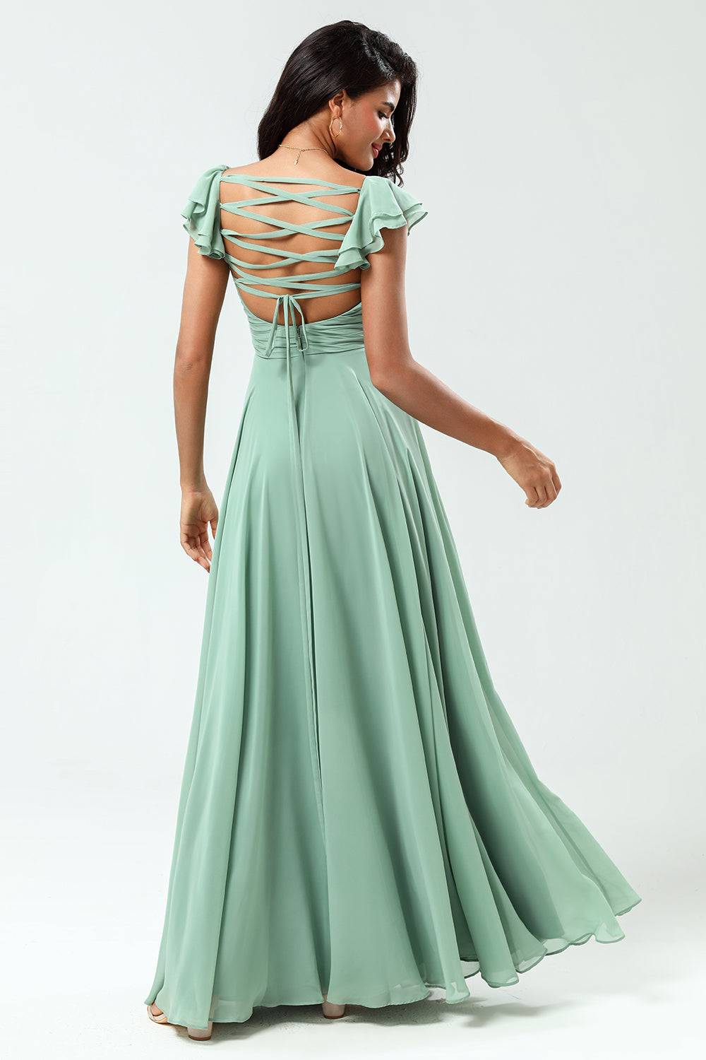 A Line Lace-Up Back Chiffon Green Bridesmaid Dress with Ruffles
