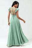 A Line Lace-Up Back Chiffon Green Bridesmaid Dress with Ruffles