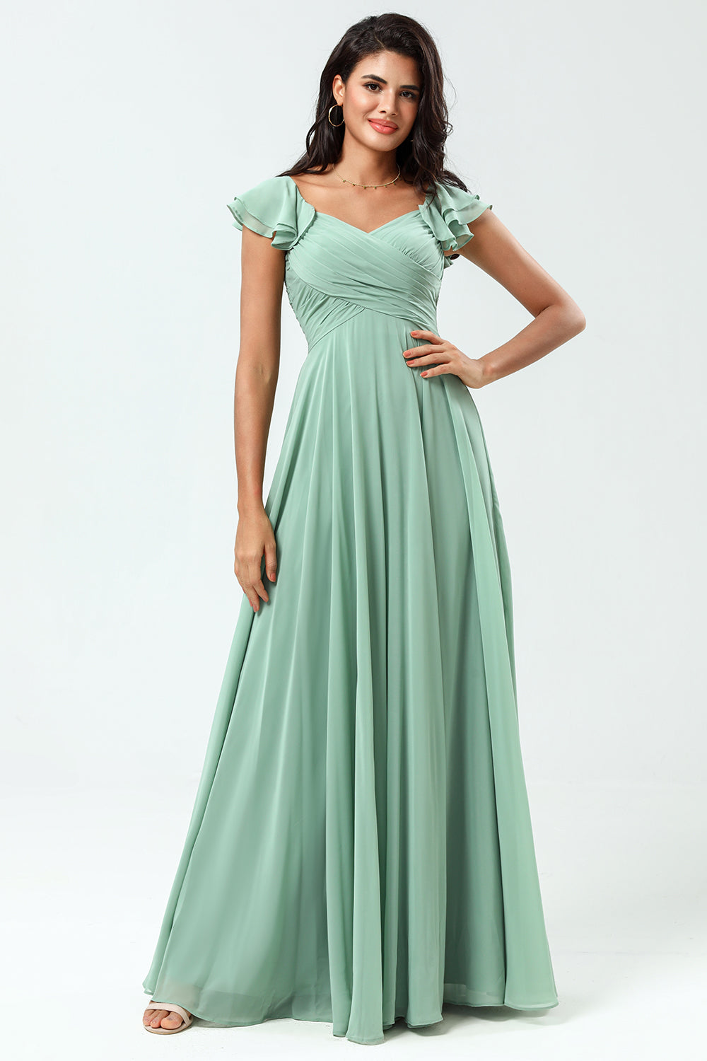 A Line Lace-Up Back Chiffon Green Bridesmaid Dress with Ruffles