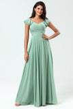 A Line Lace-Up Back Chiffon Green Bridesmaid Dress with Ruffles