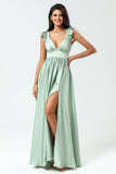 Matcha Deep A Line V-Neck Long Bridesmaid Dress with Ruffles
