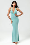Grass Green Mermaid Halter Long Bridesmaid Dress