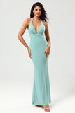 Grass Green Mermaid Halter Long Bridesmaid Dress