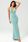 Grass Green Mermaid Halter Long Bridesmaid Dress