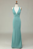 Grass Green Mermaid Halter Long Bridesmaid Dress
