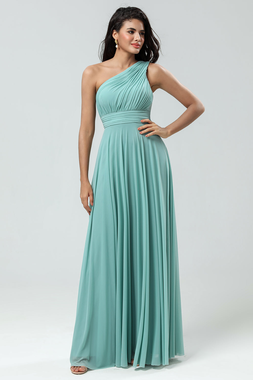 Sea Glass Stunning A Line One Shoulder Long Bridesmaid Dress with Ruched