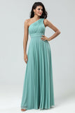 Sea Glass Stunning A Line One Shoulder Long Bridesmaid Dress with Ruched