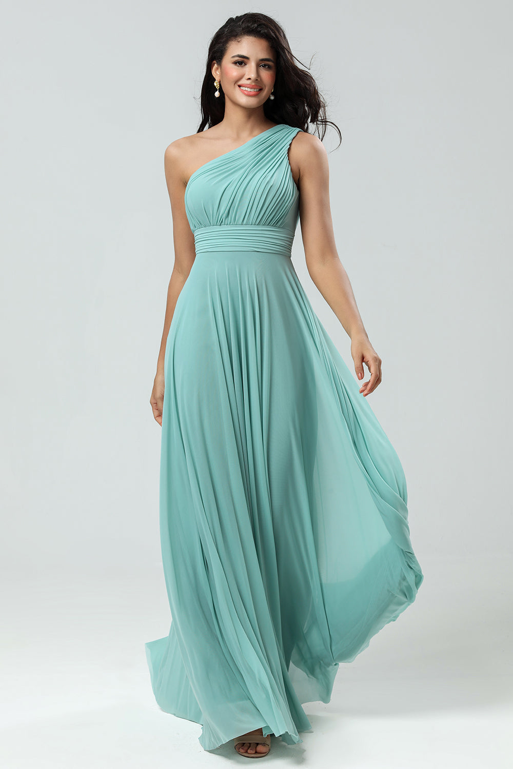 Sea Glass Stunning A Line One Shoulder Long Bridesmaid Dress with Ruched