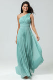 Sea Glass Stunning A Line One Shoulder Long Bridesmaid Dress with Ruched
