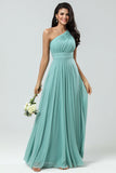 Sea Glass Stunning A Line One Shoulder Long Bridesmaid Dress with Ruched