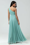 Sea Glass Stunning A Line One Shoulder Long Bridesmaid Dress with Ruched