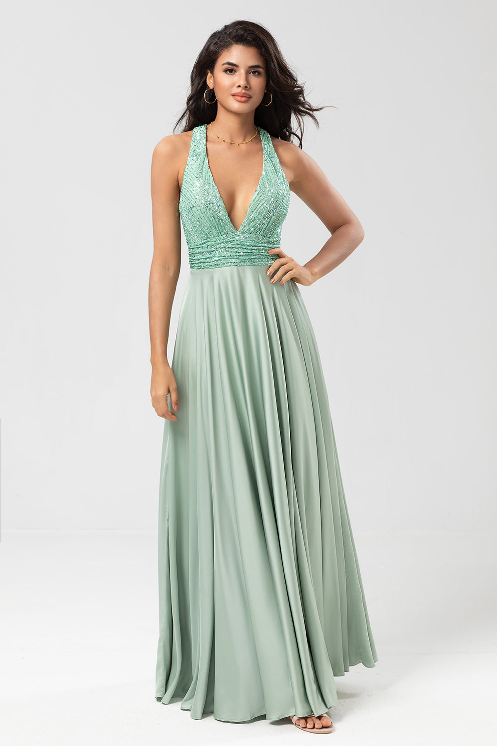 Matcha A Line V-Neck Long Bridesmaid Dress with Beading
