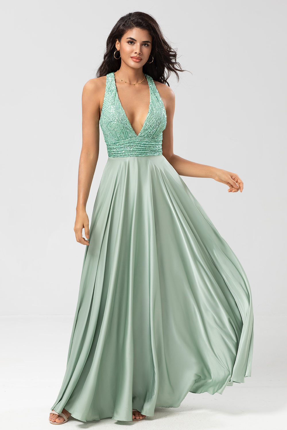 Matcha A Line V-Neck Long Bridesmaid Dress with Beading