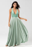 Matcha A Line V-Neck Long Bridesmaid Dress with Beading