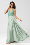 Matcha A Line V-Neck Long Bridesmaid Dress with Beading