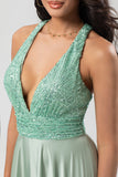 Matcha A Line V-Neck Long Bridesmaid Dress with Beading