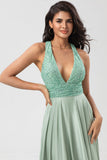 Matcha A Line V-Neck Long Bridesmaid Dress with Beading