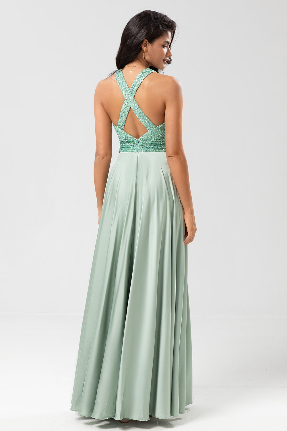 Matcha A Line V-Neck Long Bridesmaid Dress with Beading