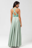 Matcha A Line V-Neck Long Bridesmaid Dress with Beading