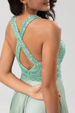 Matcha A Line V-Neck Long Bridesmaid Dress with Beading
