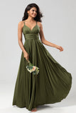 Olive A Line Spaghetti Straps Long Bridesmaid Dress with Ruffles