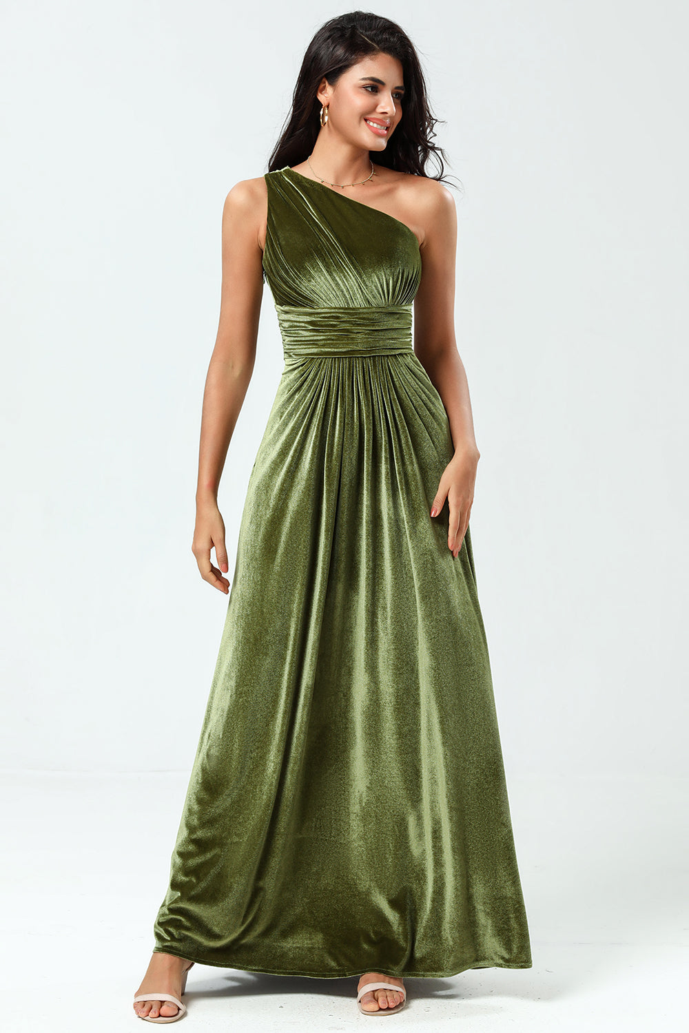 Olive A Line One Shoulder Velvet Long Bridesmaid Dress