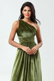 Olive A Line One Shoulder Velvet Long Bridesmaid Dress