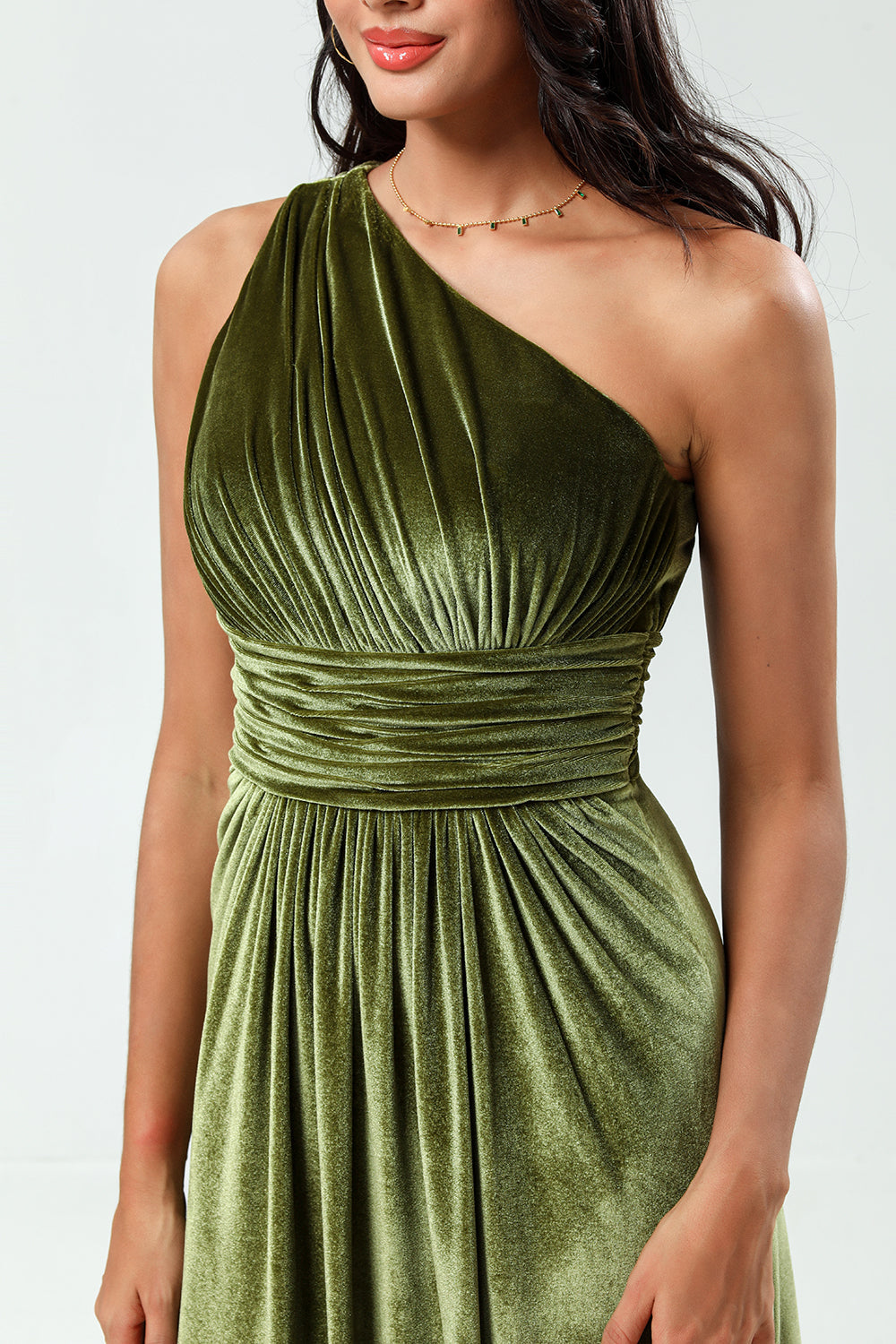 Olive A Line One Shoulder Velvet Long Bridesmaid Dress