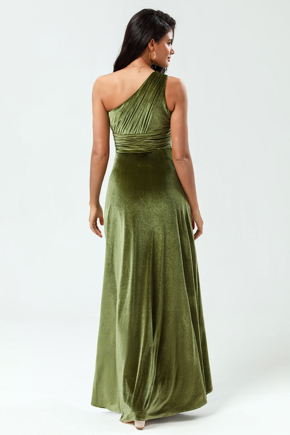 Olive A Line One Shoulder Velvet Long Bridesmaid Dress