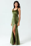 Olive Mermaid Square Neck Velvet Long Bridesmaid Dress with Slit