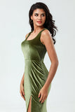 Olive Mermaid Square Neck Velvet Long Bridesmaid Dress with Slit