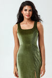 Olive Mermaid Square Neck Velvet Long Bridesmaid Dress with Slit