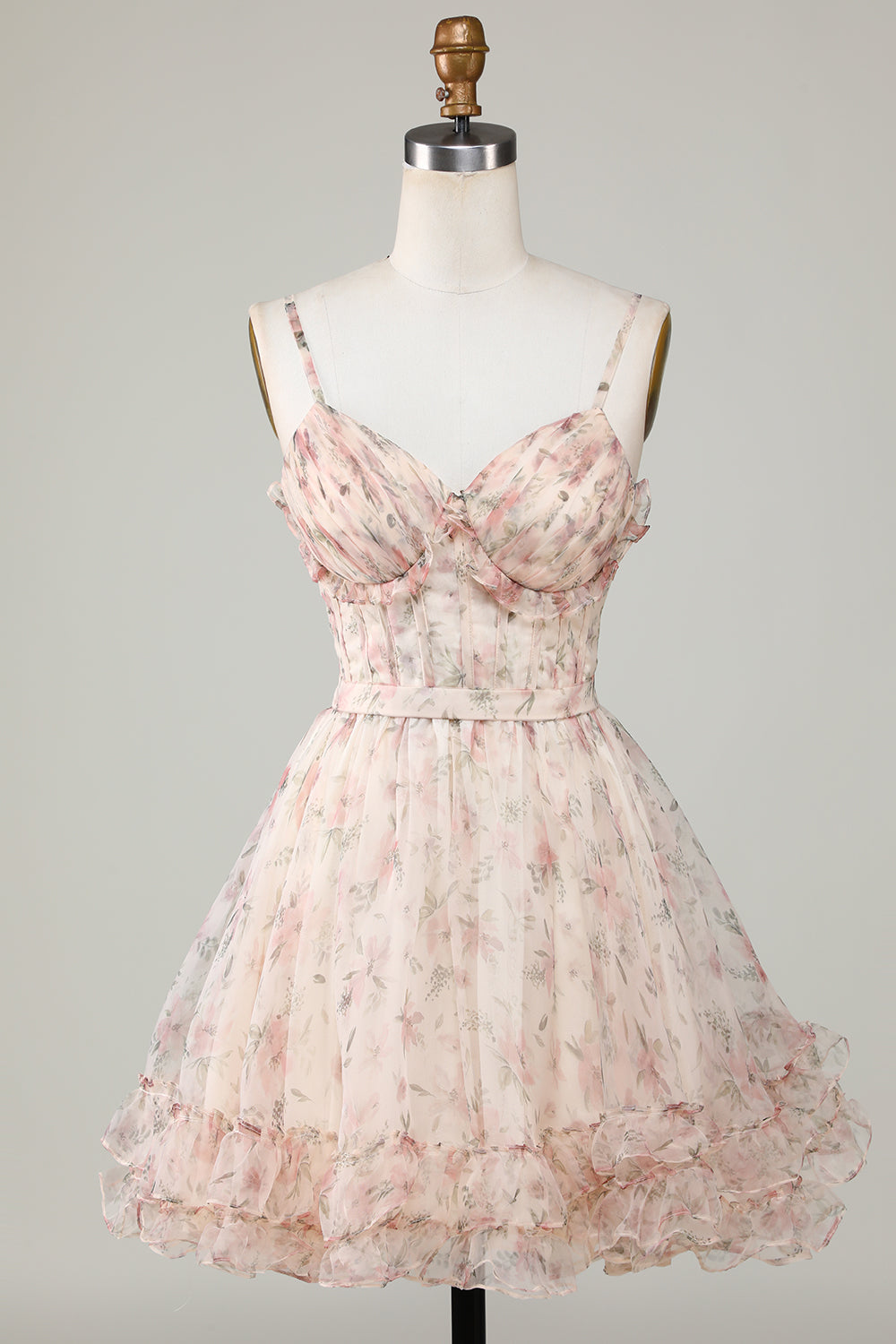 Champagne A-Line Corset Floral Short Cocktail Dress