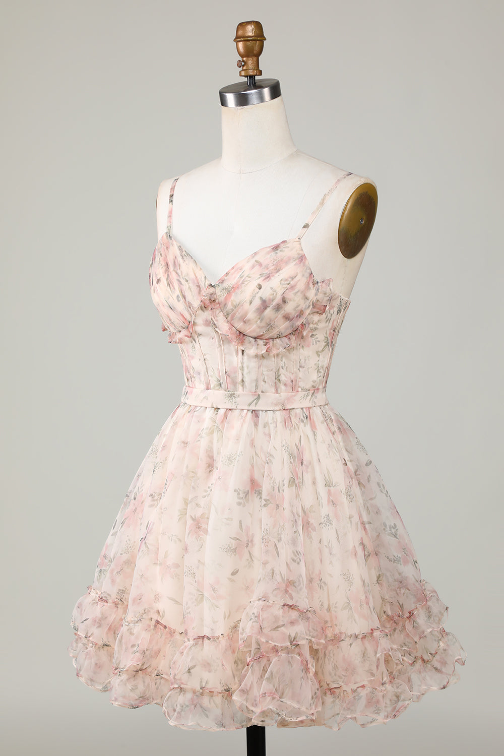 Champagne A-Line Corset Floral Short Cocktail Dress