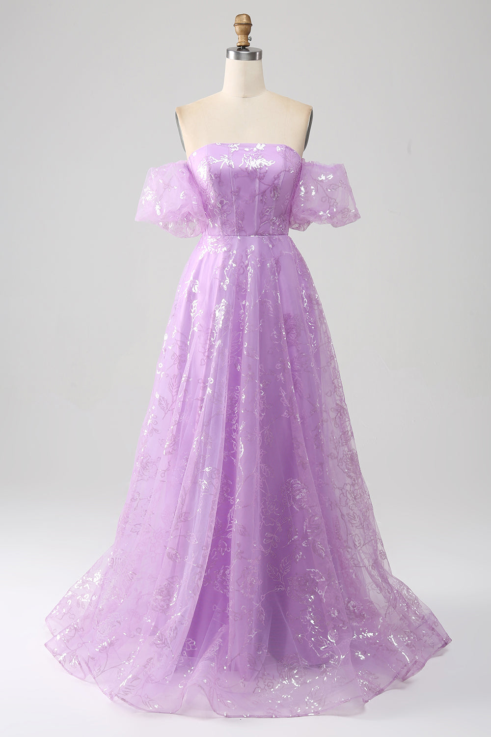 Sparkly Lilac A Line Strapless Sequin Long Ball Dress