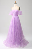 Sparkly Lilac A Line Strapless Sequin Long Ball Dress