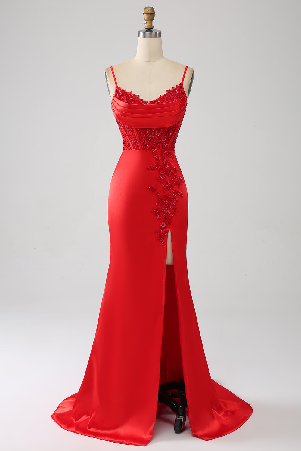 Satin Mermaid Beaded Red Ball Dress with Slit