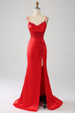 Satin Mermaid Beaded Red Ball Dress with Slit