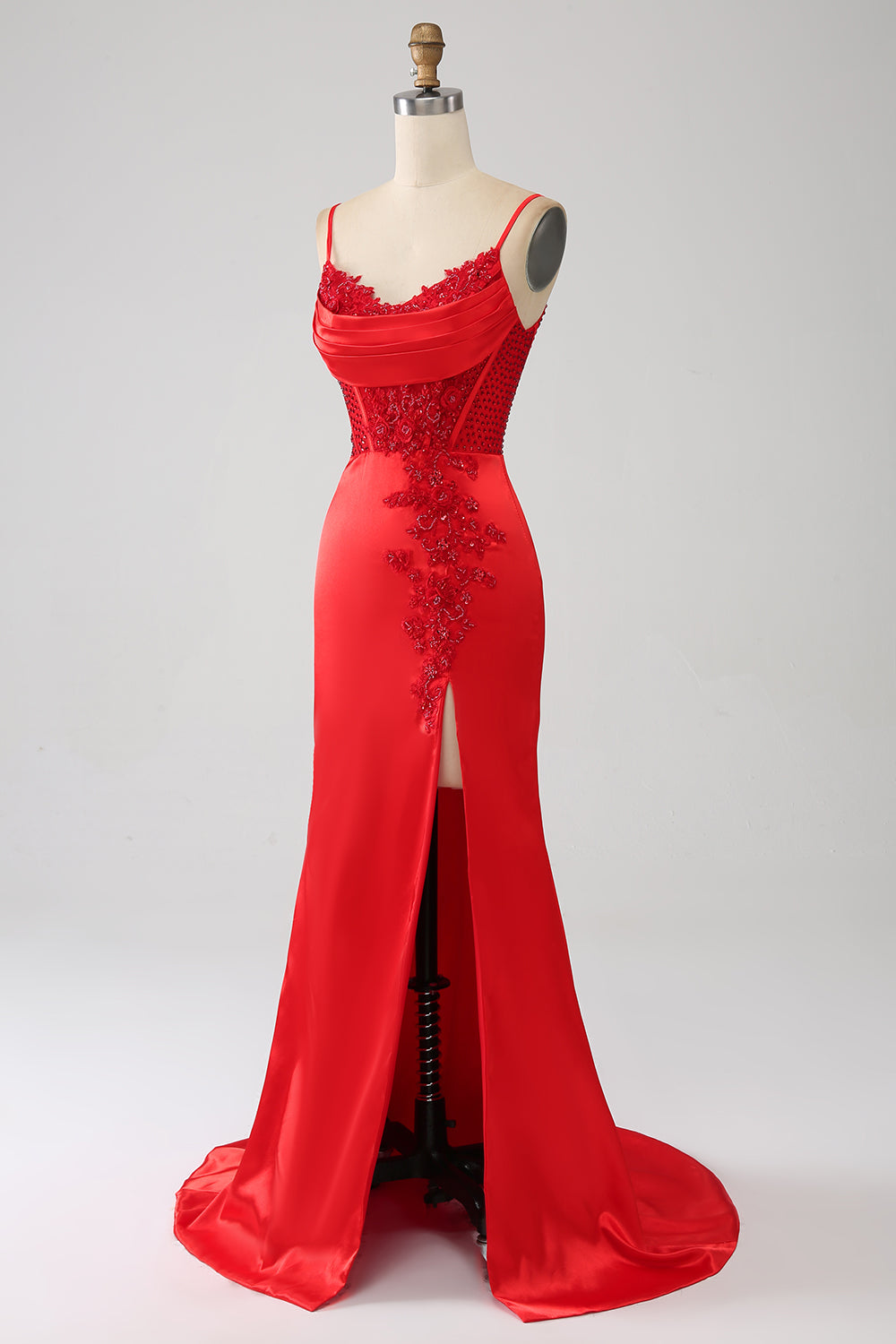 Satin Mermaid Beaded Red Ball Dress with Slit