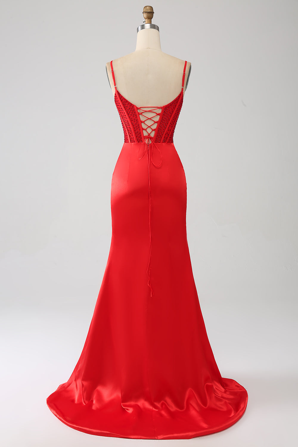 Satin Mermaid Beaded Red Ball Dress with Slit
