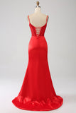 Satin Mermaid Beaded Red Ball Dress with Slit