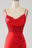 Satin Mermaid Beaded Red Ball Dress with Slit