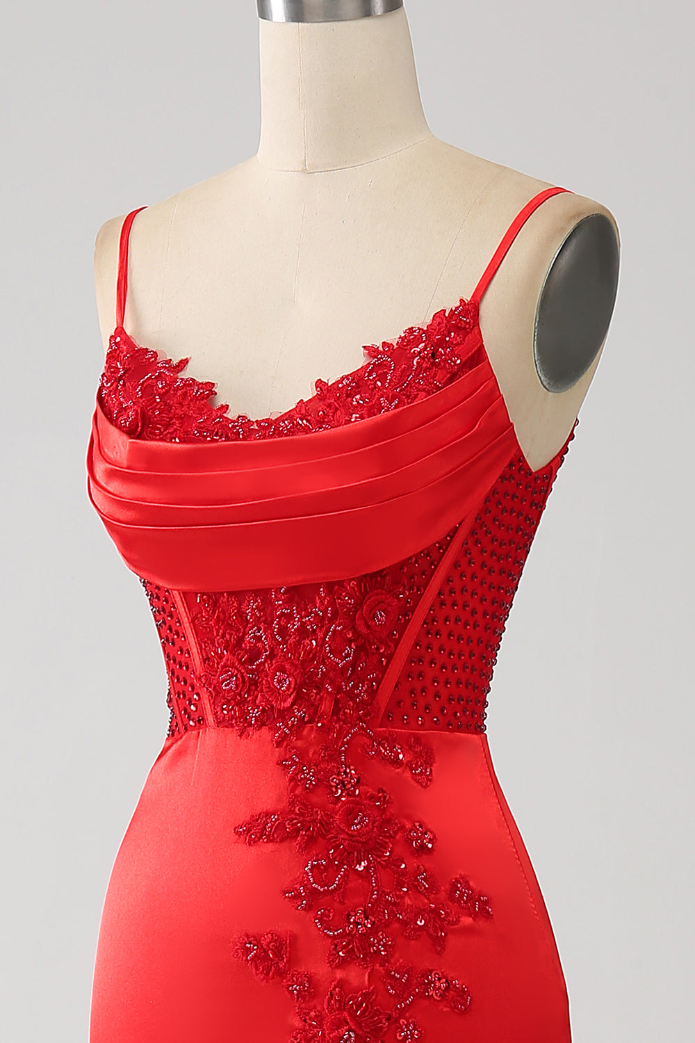 Satin Mermaid Beaded Red Ball Dress with Slit