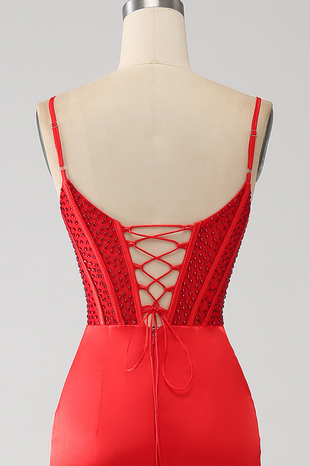 Satin Mermaid Beaded Red Ball Dress with Slit