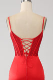 Satin Mermaid Beaded Red Ball Dress with Slit