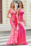 Sparkly Mermaid Deep V Neck Fuchsia Sequins Long Ball Dress with Appliques