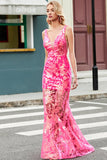 Sparkly Mermaid Deep V Neck Fuchsia Sequins Long Ball Dress with Appliques