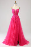 Fuchsia A-Line Spaghetti Straps Corset Lace Long Ball Dress with Slit